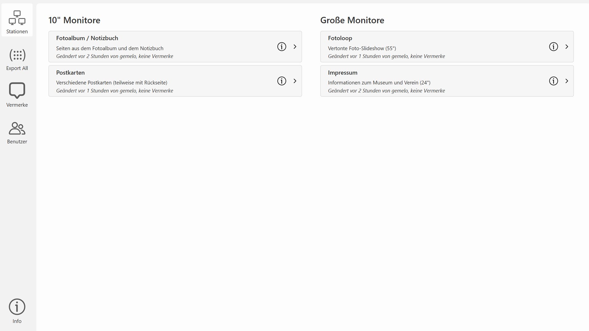Dashboard mit Stationen, gruppiert nach kleinen und großen Monitoren; jede Station mit Beschreibung, letzter Änderung und Zahl der Vermerke