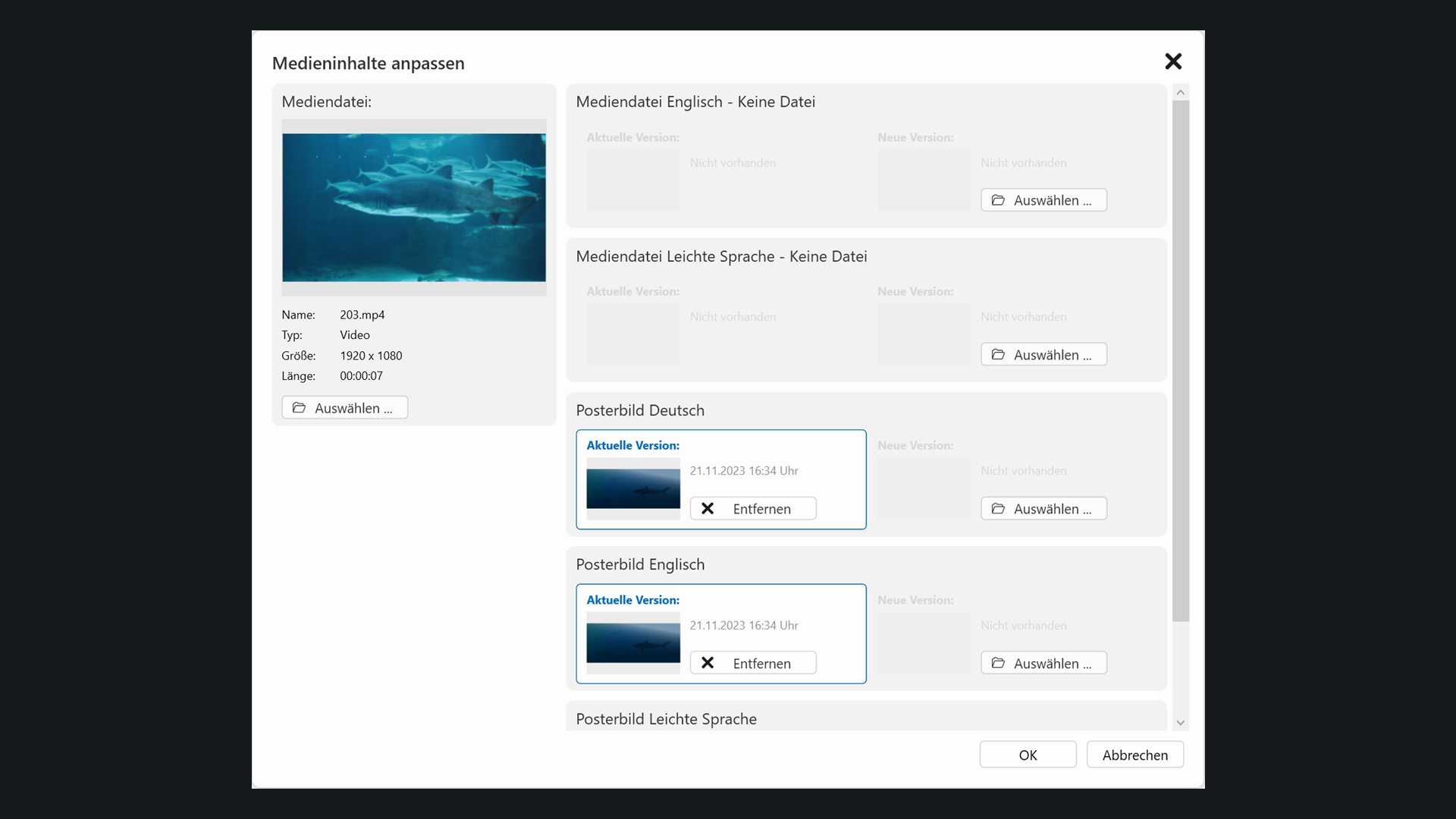 Dialog „Medieninhalte anpassen“ mit einem Unterwasservideo und Feldern für die Fassungen in Englisch und Leichter Sprache sowie Posterbildern je Sprache
