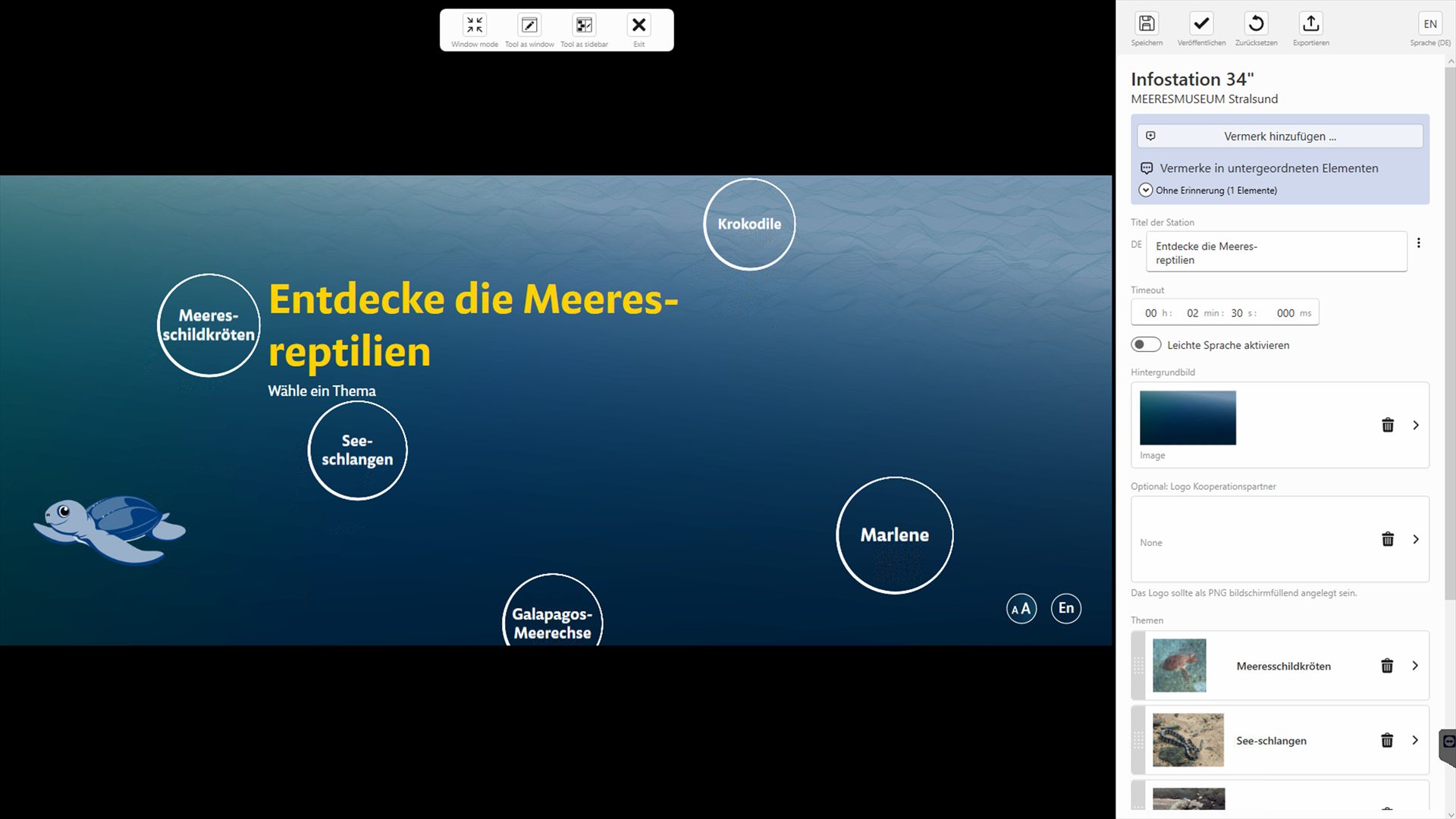 Bearbeitungsansicht einer Infostation mit der CMS-Toolbox daneben