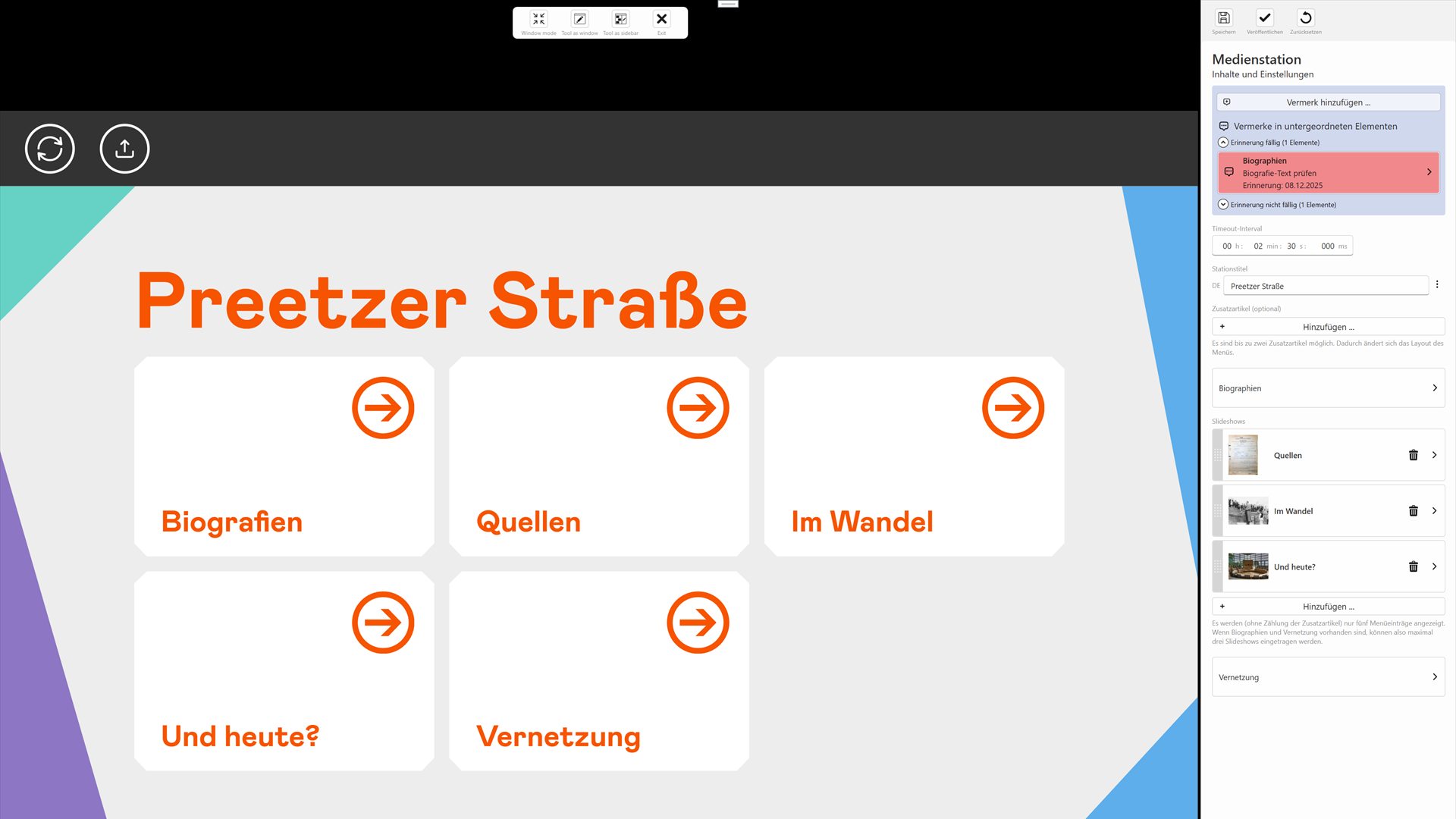 Station mit Menükacheln, daneben die Toolbox mit einem rot markierten fälligen Vermerk und einer Liste von Slideshows