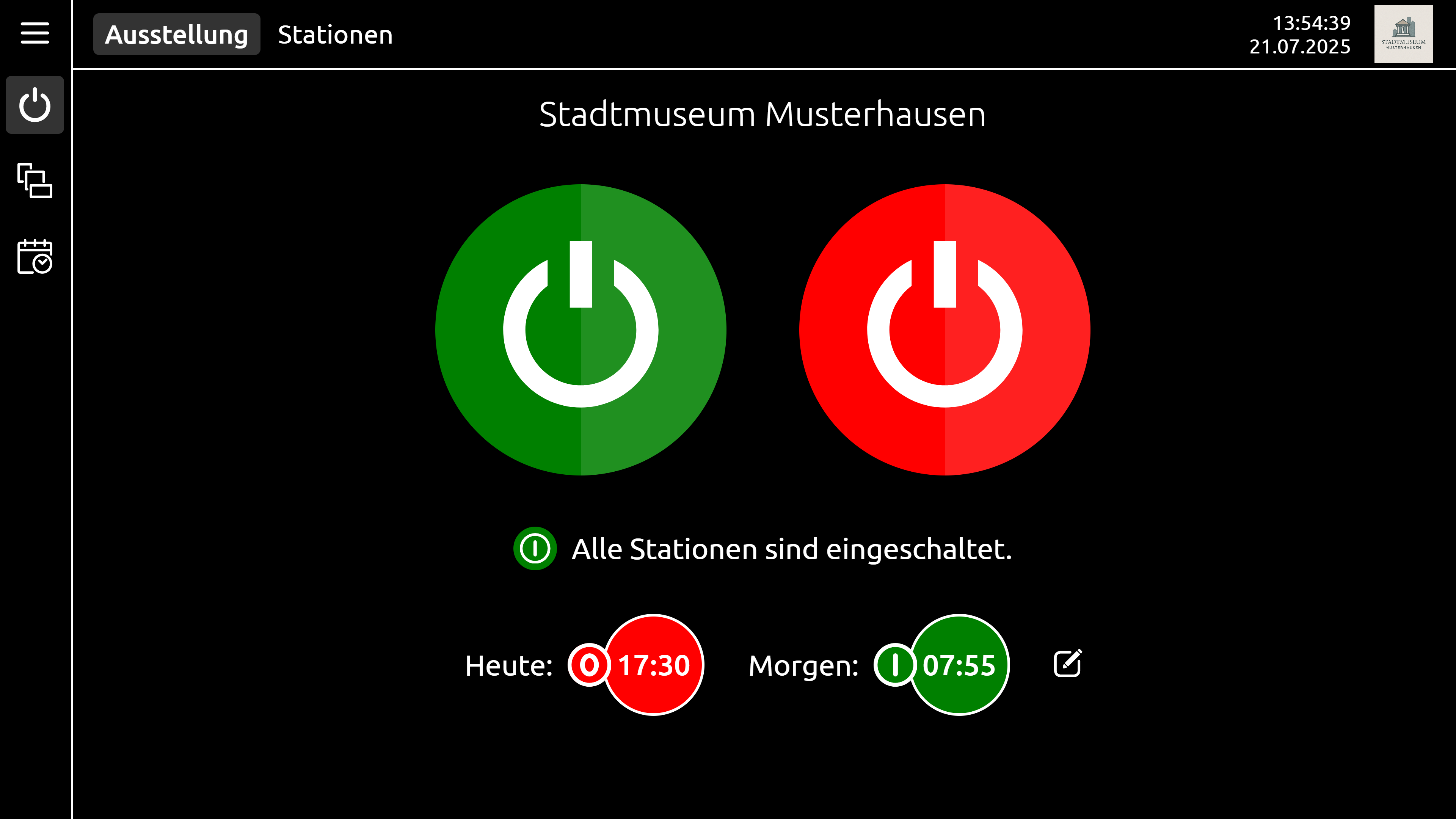 Startseite von gemControl mit großen Ein- und Aus-Schaltern und den heutigen Schaltzeiten
