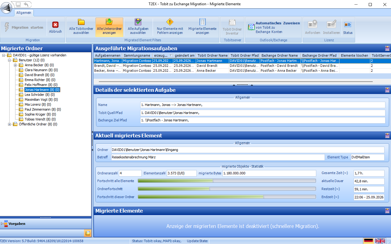Programmfenster von t2ex während einer laufenden Migration mit Fortschrittsbalken (Demodaten)