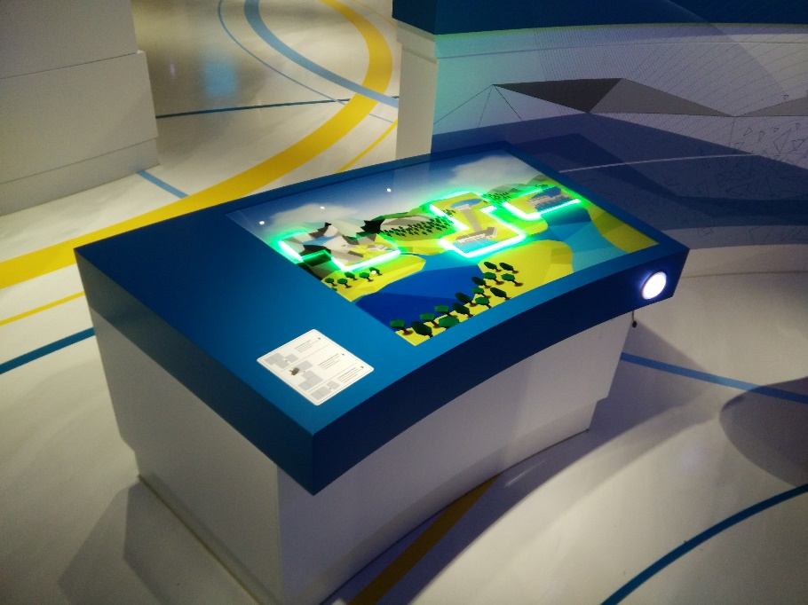 Blaues Exponatpult mit beleuchtetem Landschaftsmodell zum Thema Energie