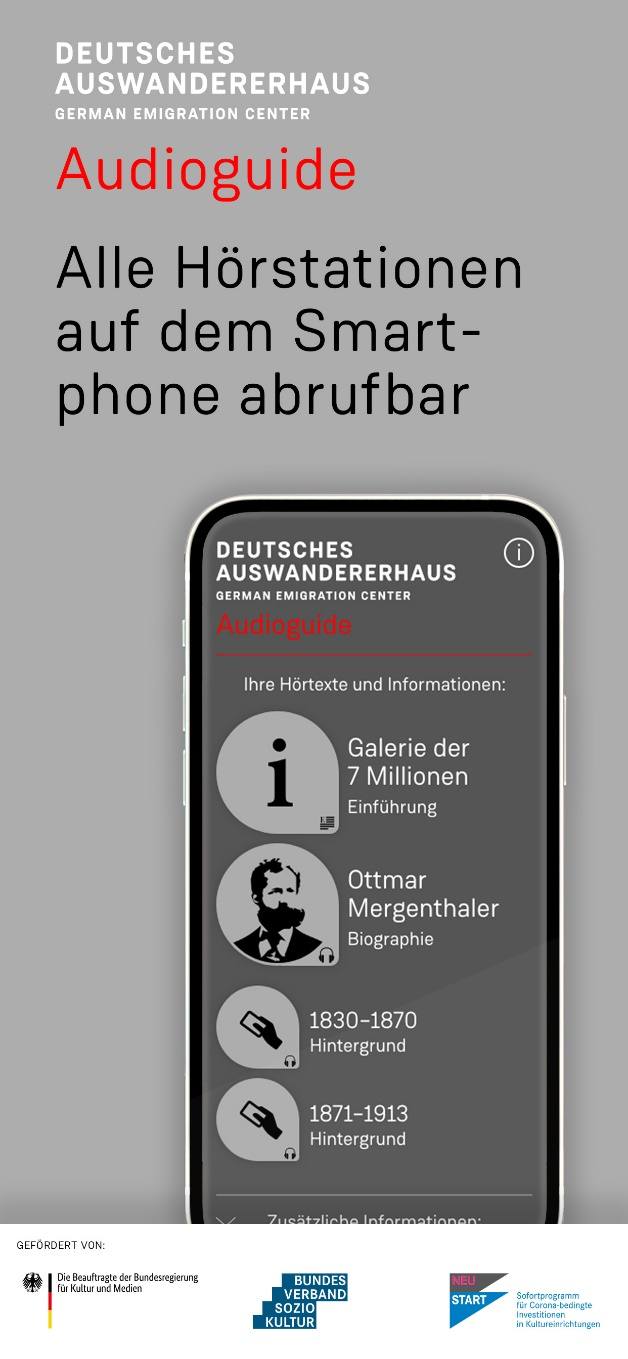 Smartphone mit Audioguide-App: Liste der Hörstationen im Deutschen Auswandererhaus