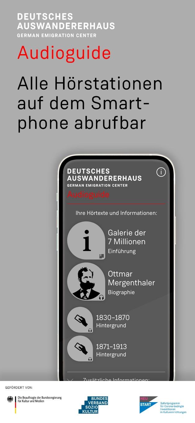 Smartphone mit Audioguide-App: Liste der Hörstationen im Deutschen Auswandererhaus