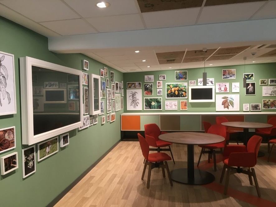 Café mit grünen Wänden, Bilderwand, großem gerahmtem Bildschirm und roten Stühlen