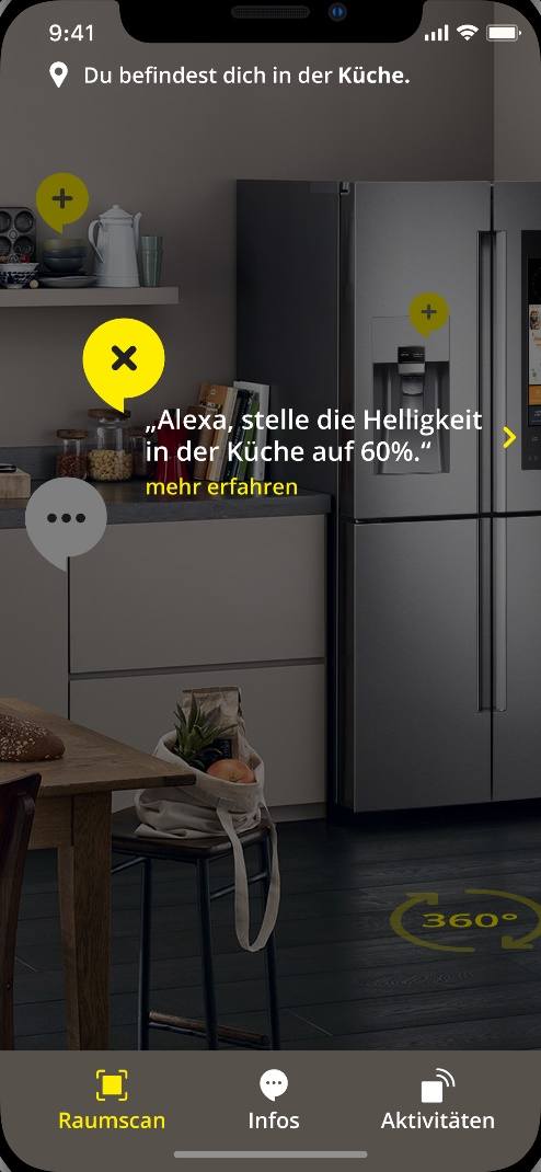App-Ansicht mit Augmented-Reality-Hinweis zur Lichtsteuerung in einer Küche