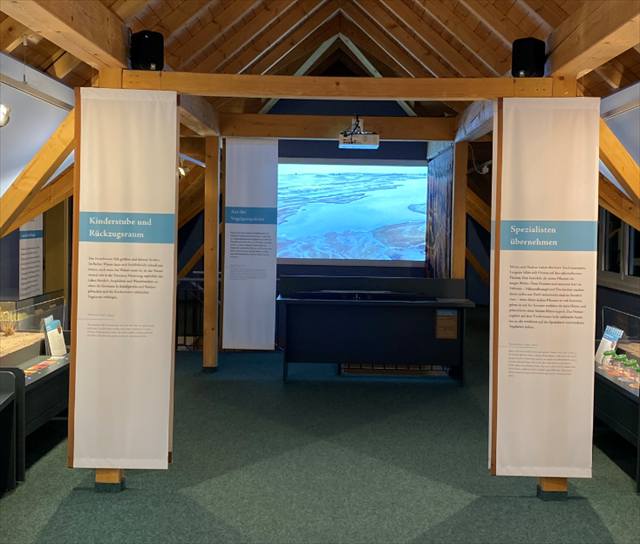Ausstellungsraum unter Holzdachstuhl mit Projektion einer Luftaufnahme zwischen Textbannern